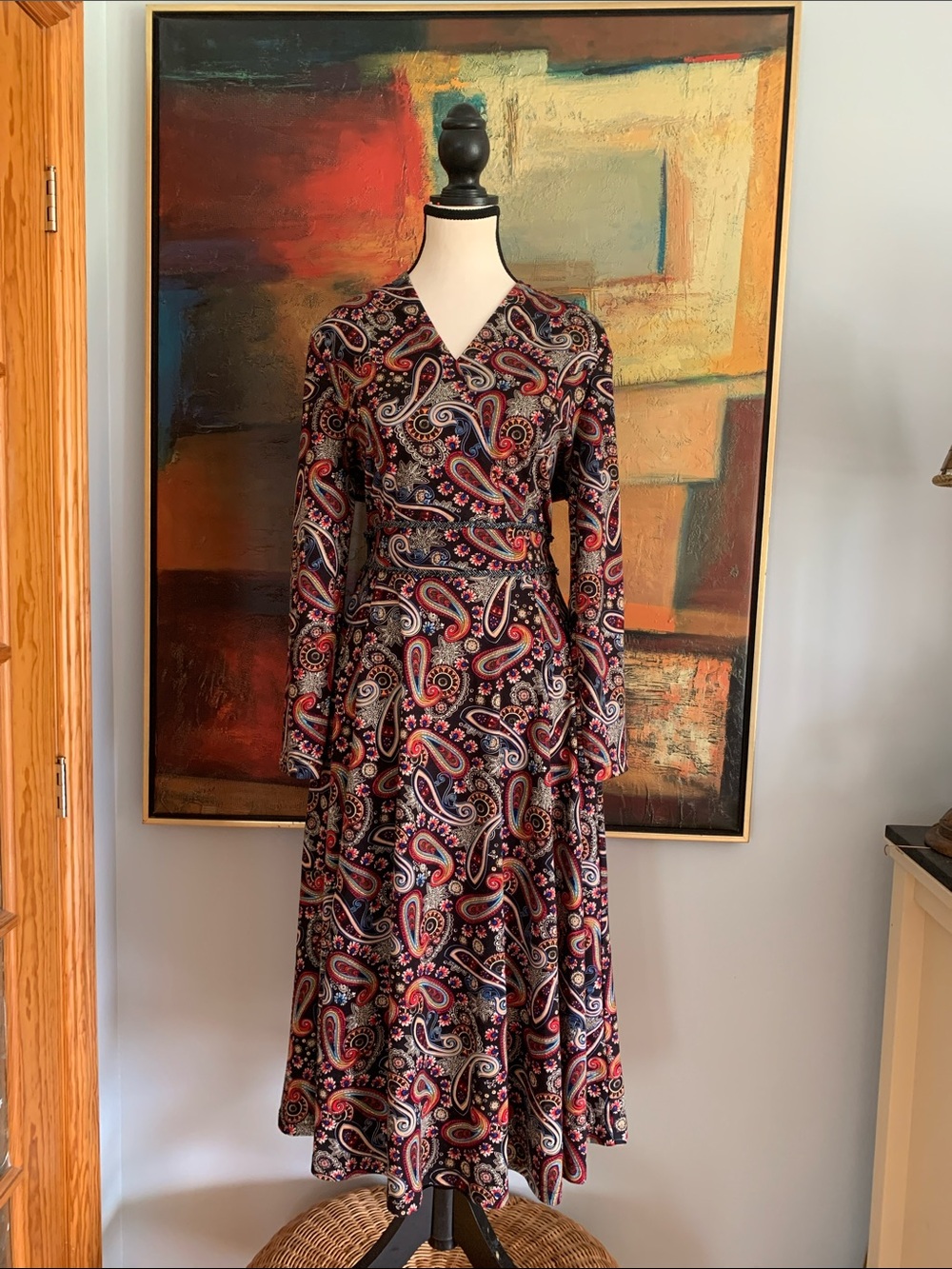 Handmade Jewel Toned Paisley Midi Dress with Beaded detailing, Sz  M